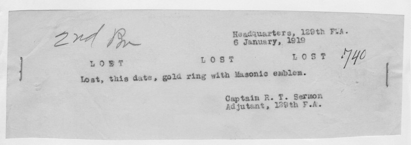 Report of Lost Gold Ring from Captain Roger T. Sermon
