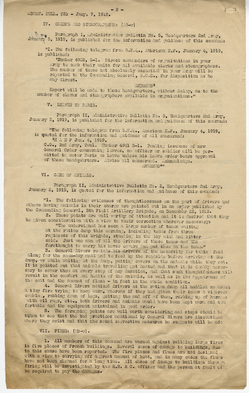 Administrative Bulletin Number 5-B from Chief of Staff W. K. Naylor
