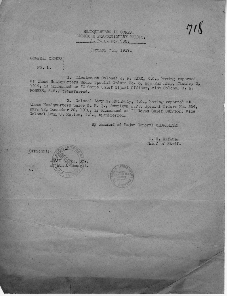 General Order Number One from Chief of Staff W. K. Naylor