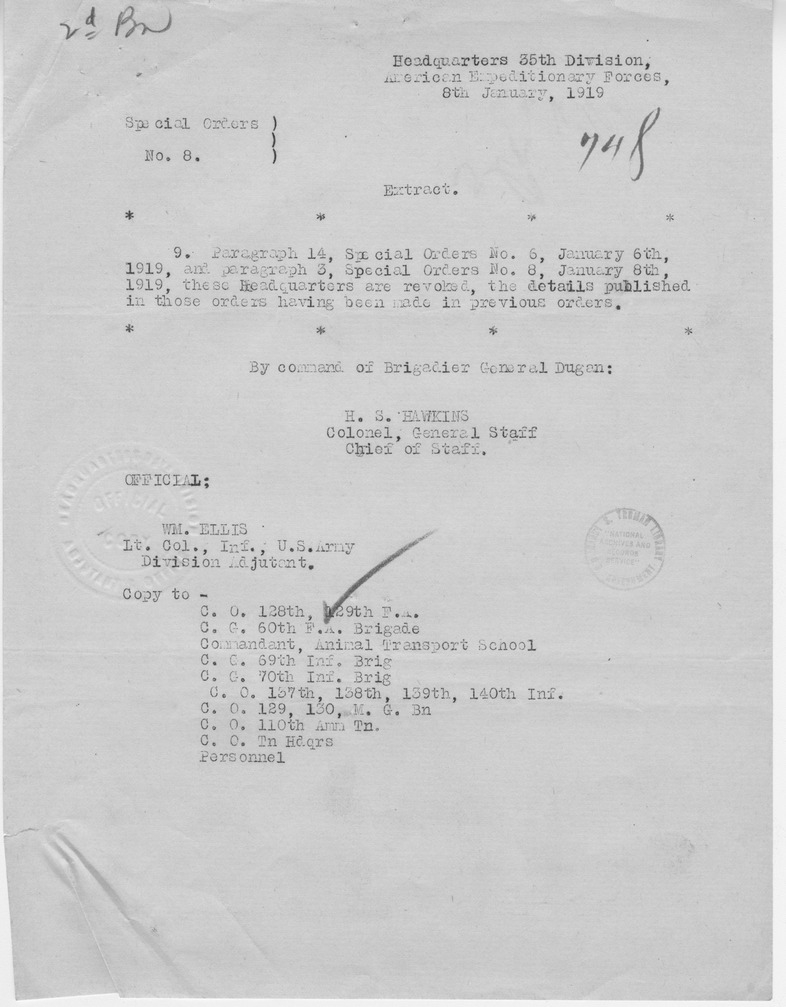 Special Orders Number 8 Extract, from Colonel H. S. Hawkins