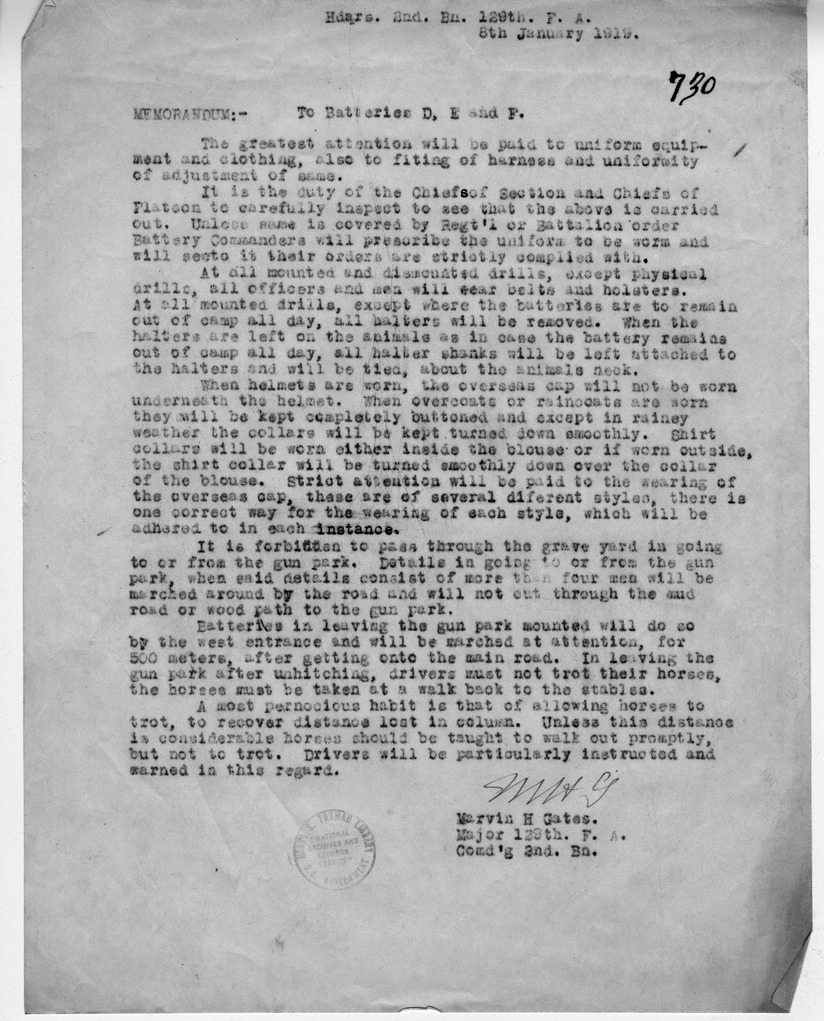 Memorandum to Batteries D, E, and F by Major Marvin H. Gates