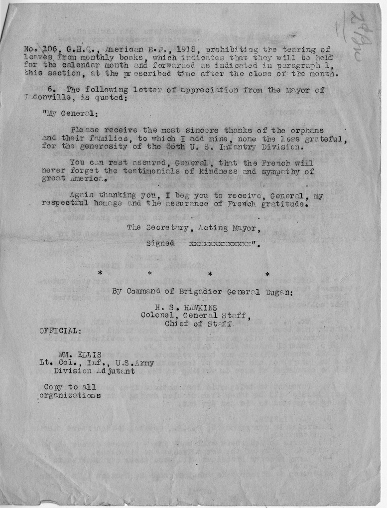 Bulletin Number 5 from Colonel H. S. Hawkins