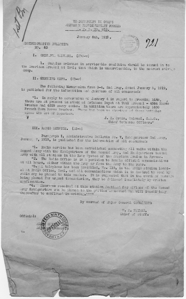 Administrative Bulletin Number 6B from Chief of Staff W. K. Naylor