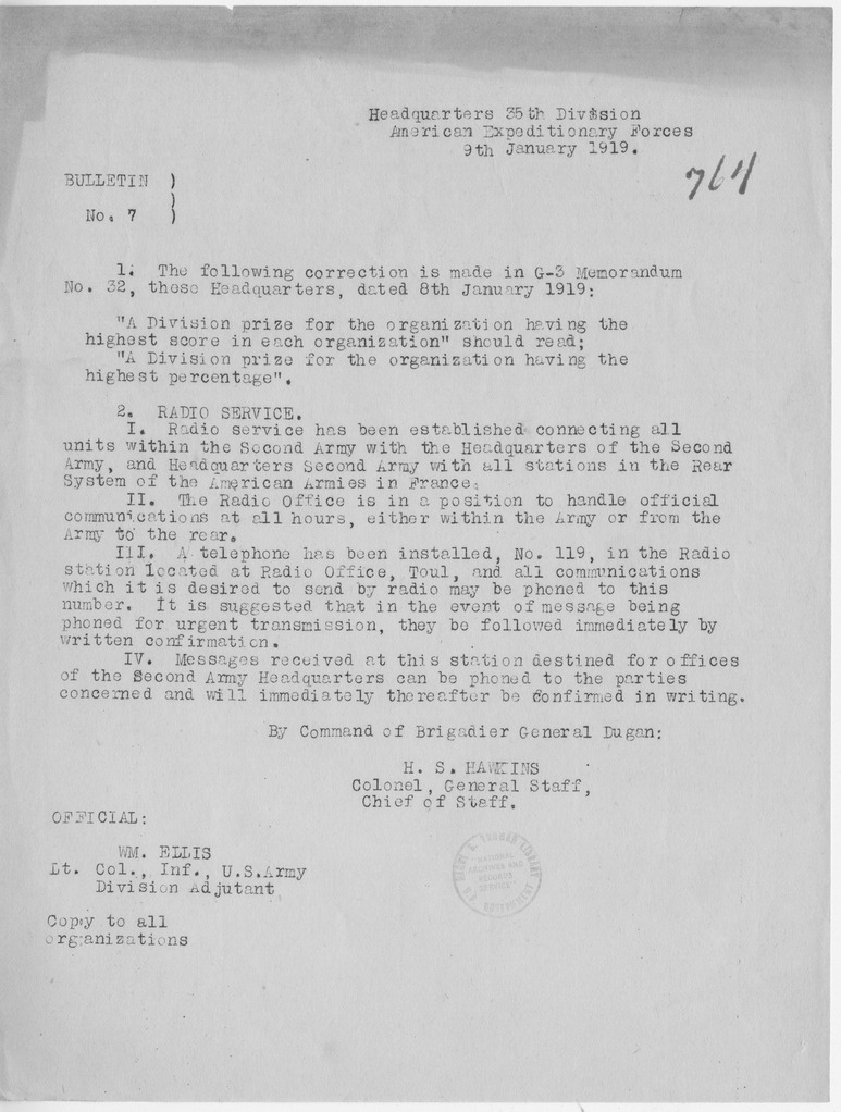 Bulletin Number 7 from Colonel H. S. Hawkins