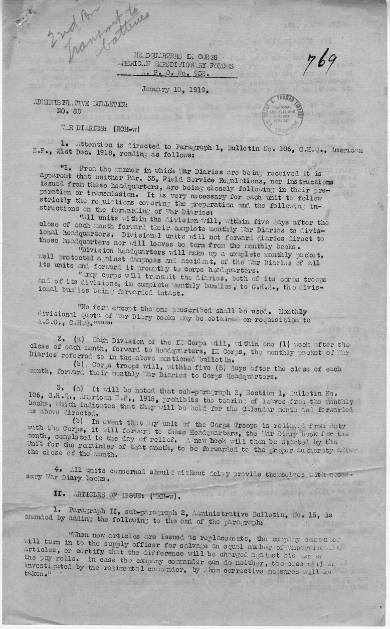 Administrative Bulletin Number 8B from Chief of Staff W. K. Naylor