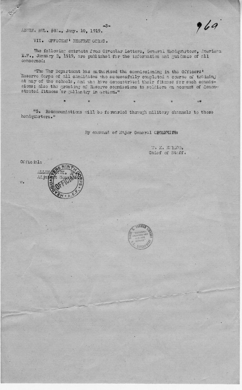 Administrative Bulletin Number 8B from Chief of Staff W. K. Naylor