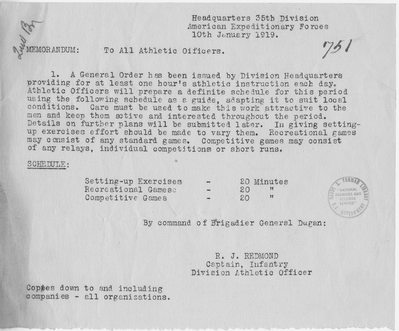 Memorandum to All Athletic Officers from Captain R. J. Redmond