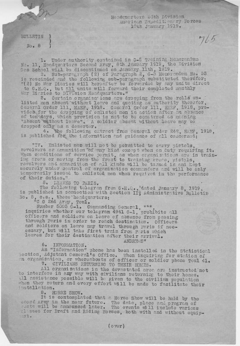 Bulletin Number 8 from Colonel H. S. Hawkins