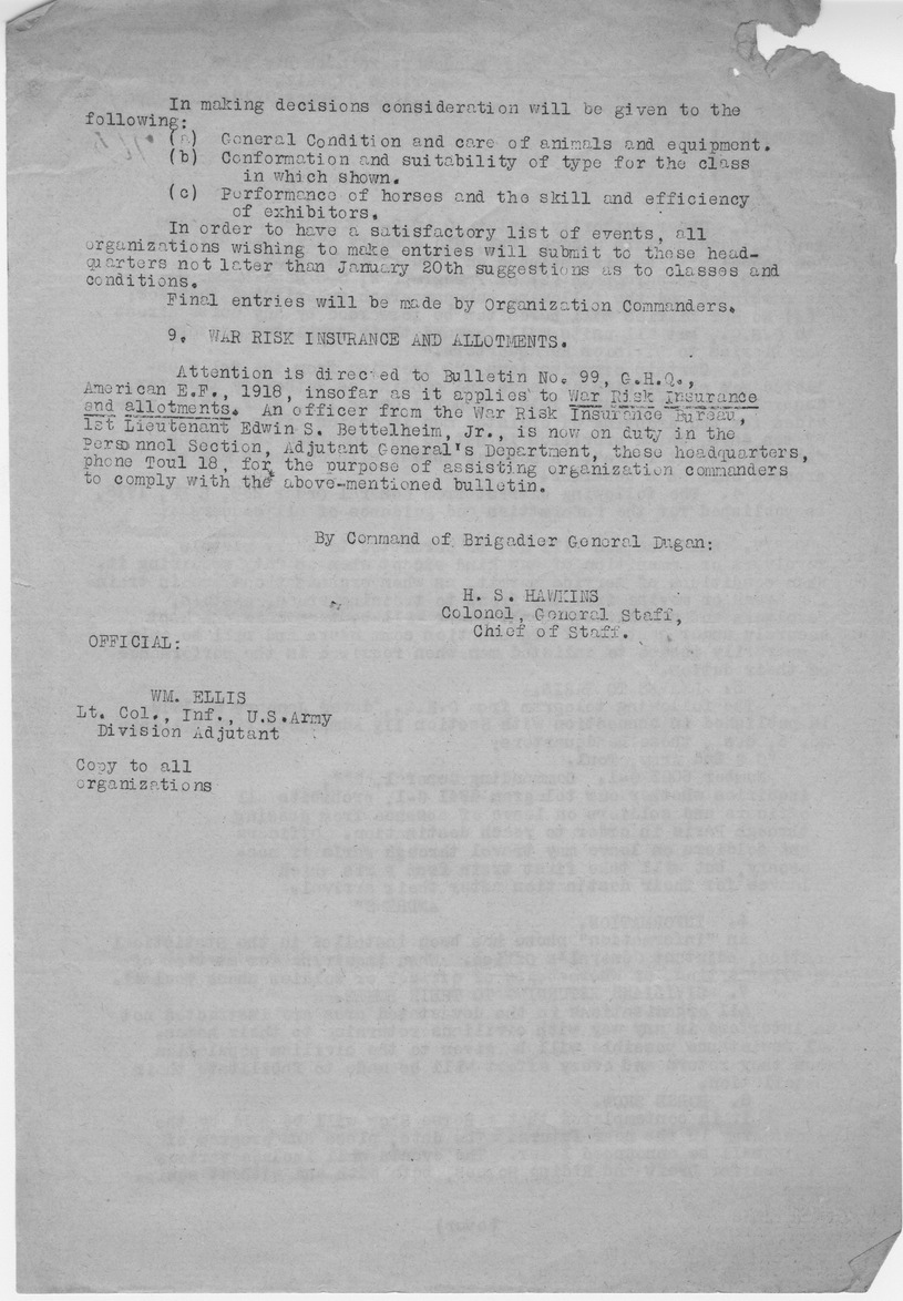 Bulletin Number 8 from Colonel H. S. Hawkins
