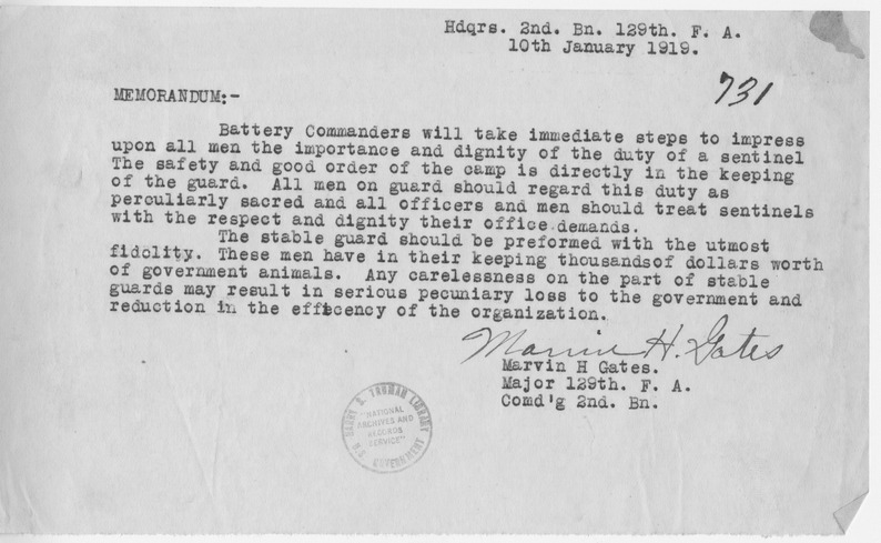 Memorandum from Major Marvin H. Gates