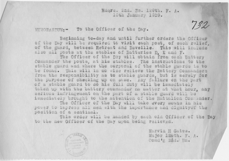 Memorandum to the Officer of the Day from Major Marvin Gates