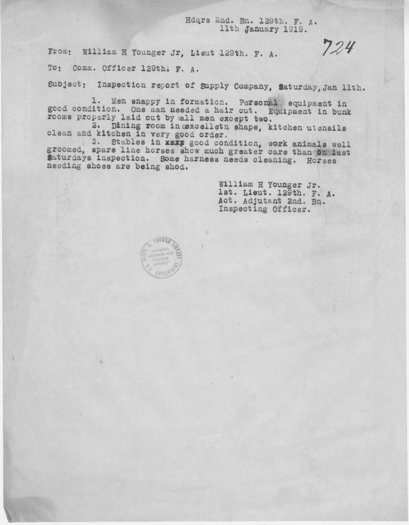 Memorandum from First Lieutenant William H. Younger, Jr. to Commanding Officer, 129th Field Artillery