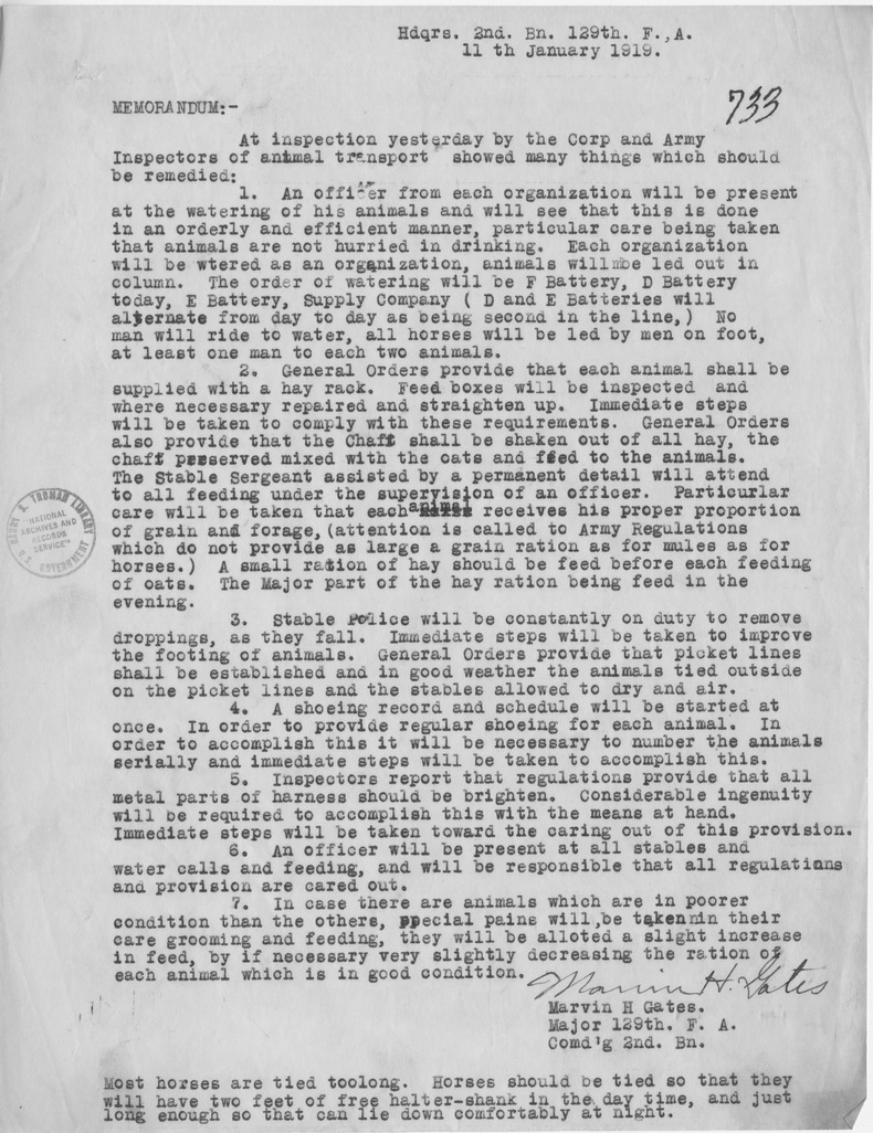 Memorandum from Major Marvin Gates
