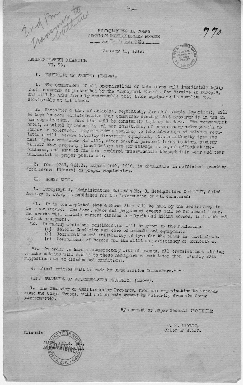 Administrative Bulletin Number 93 from Chief of Staff W. K. Naylor