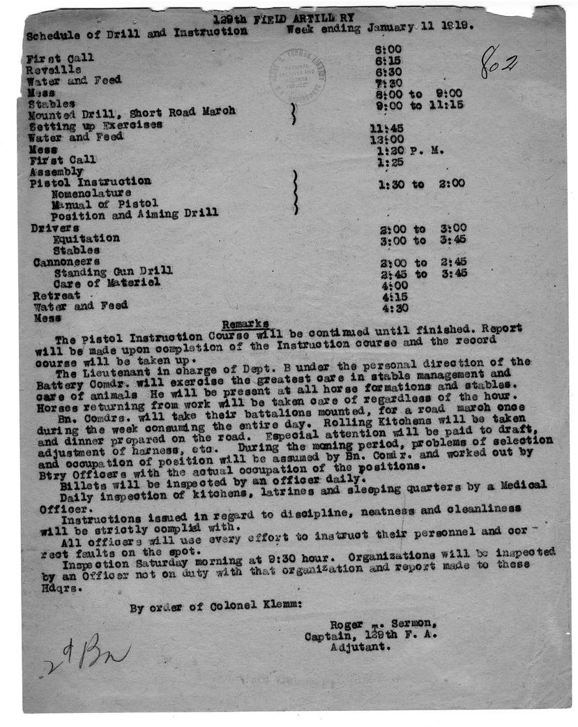 Memorandum, Schedule of Drill and Instruction, 129th Field Artillery, from Captain Roger T. Sermon