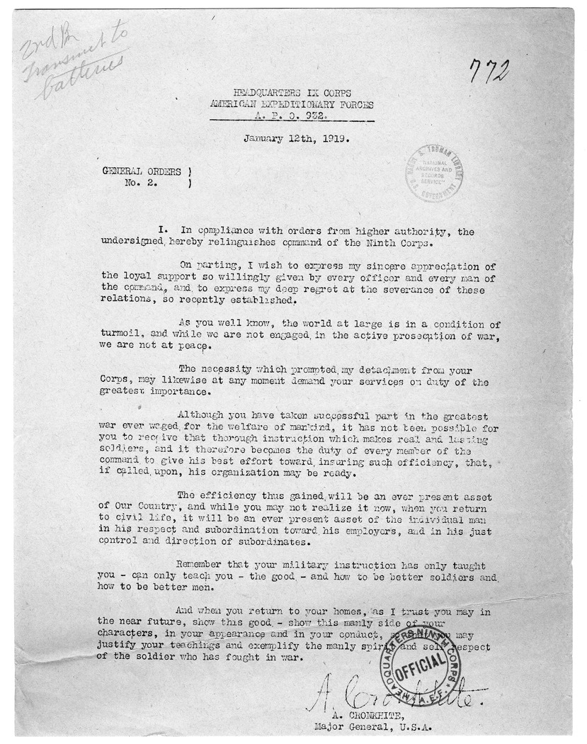 General Orders Number 2 from Major General A. Cronkhite