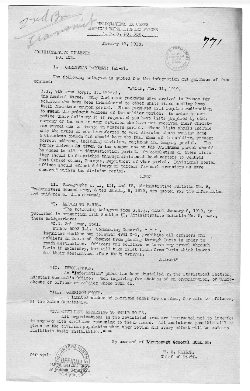 Administration Bulletin Number 10-B from Chief of Staff W. K. Naylor