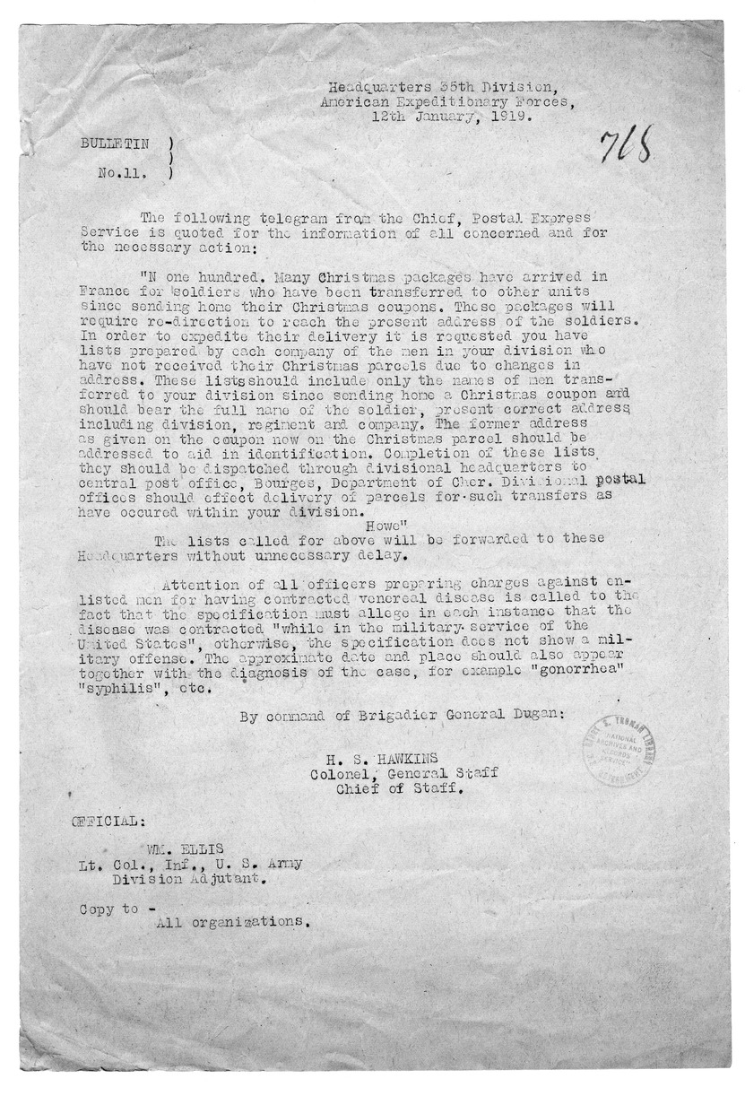 Bulletin Number 11 from Colonel H. S. Hawkins