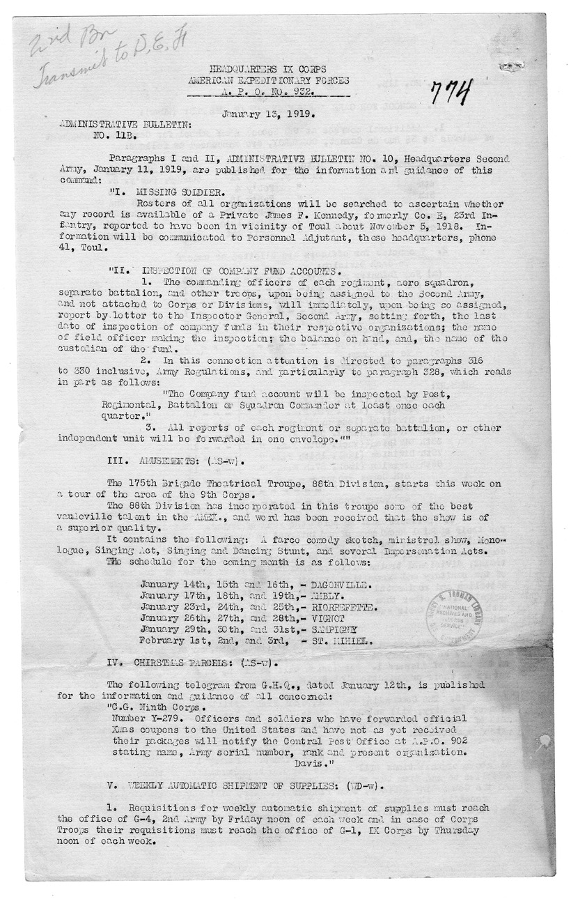 Administrative Bulletin Number 11-B from Chief of Staff W. K. Naylor