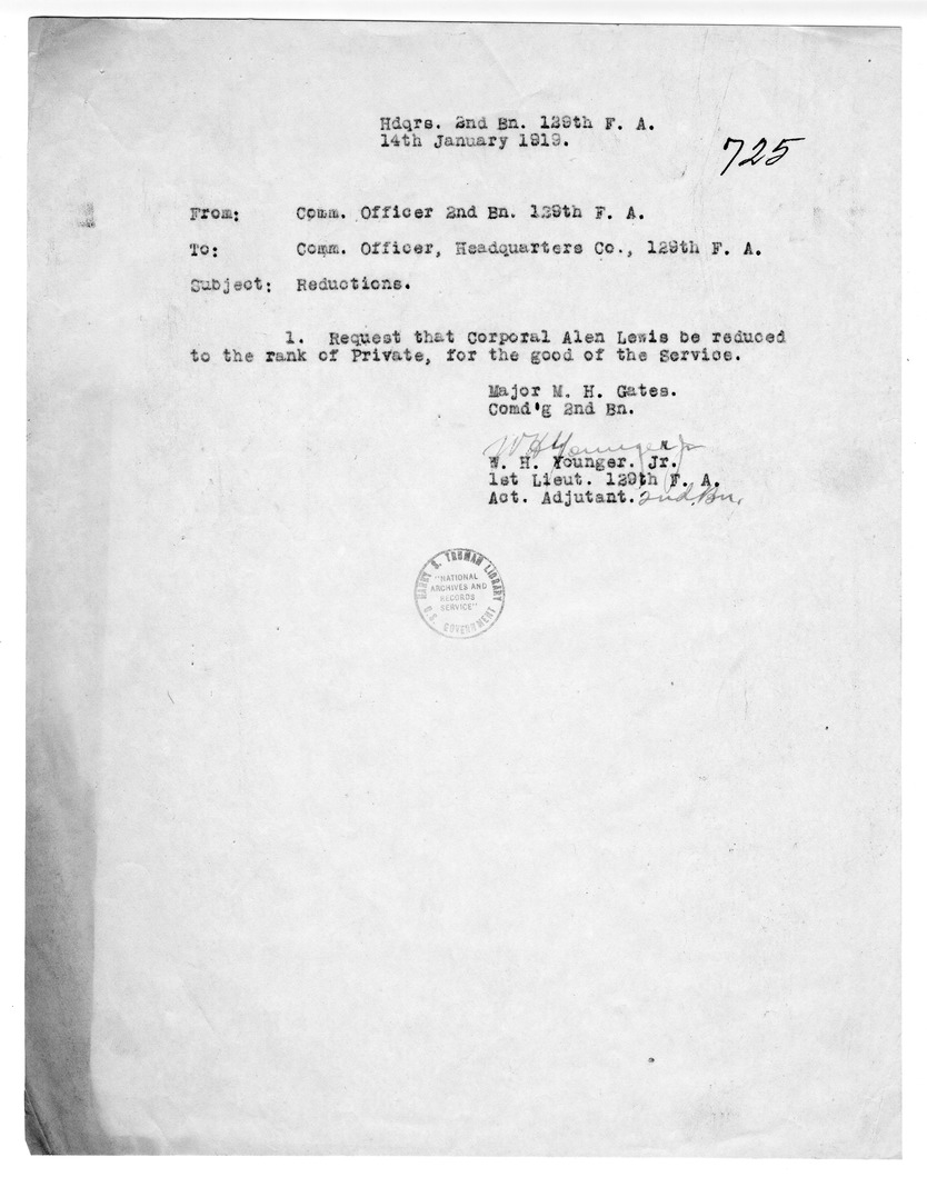 Report from the Commanding Officer, Second Battalion, 129th Field Artillery to the Commanding Officer, Headquarters Company, 129th Field Artillery