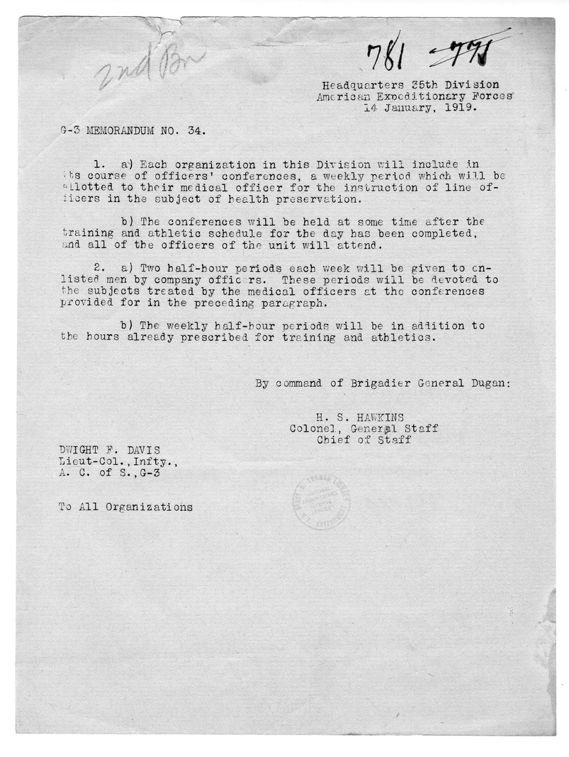 G-3 Memorandum Number 34 from Colonel H. S. Hawkins