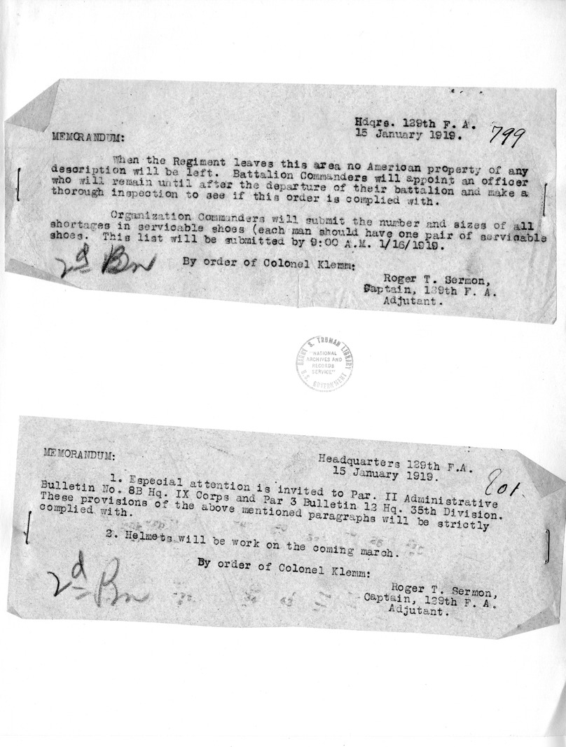 Memorandums from Captain Roger T. Sermon
