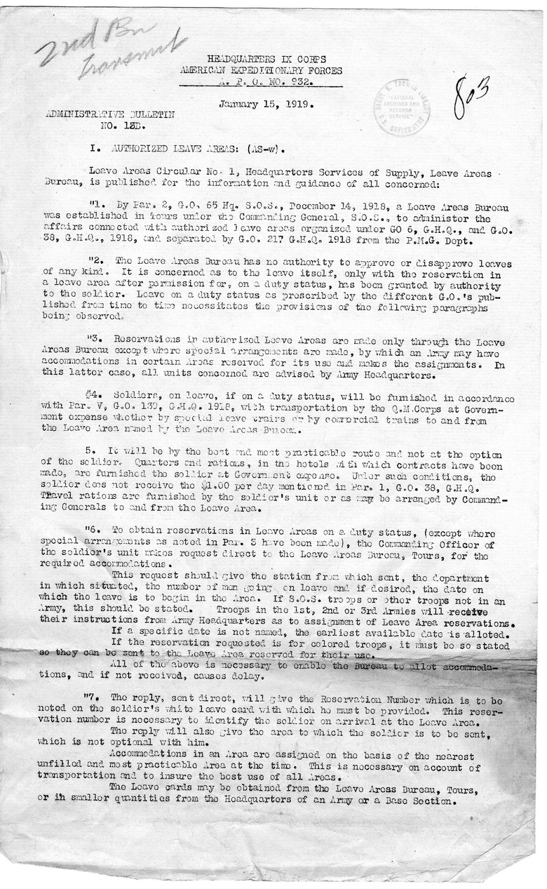 Administration Bulletin Number 18B from Chief of Staff W. K. Naylor