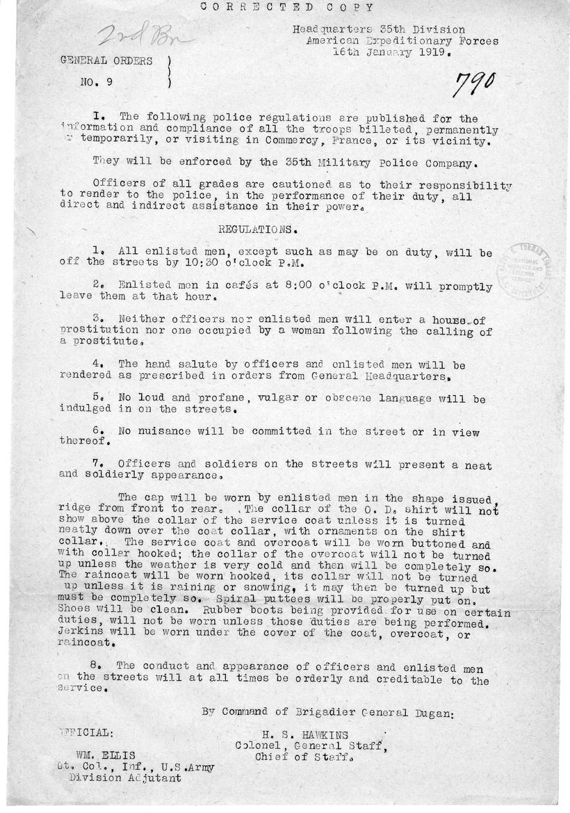 General Orders Number 9, Corrected Copy, from Colonel H. S. Hawkins