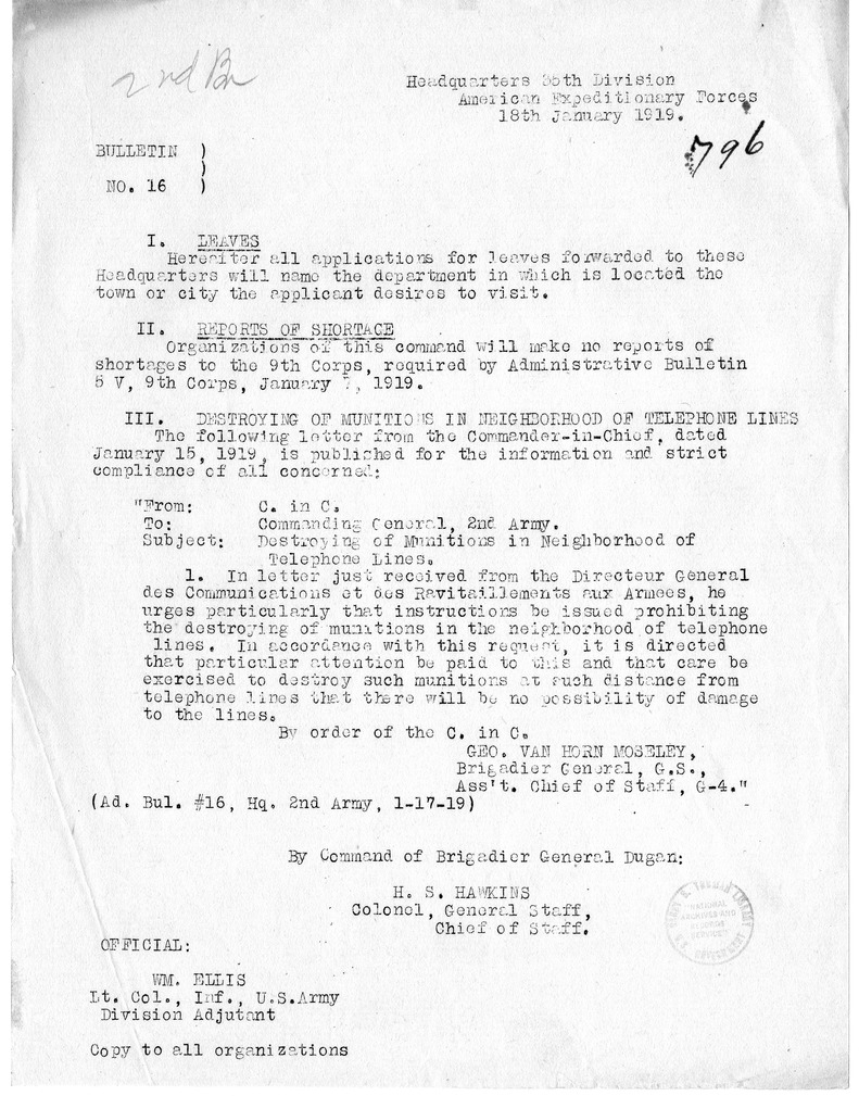 Bulletin Number 16 from Colonel H. S. Hawkins