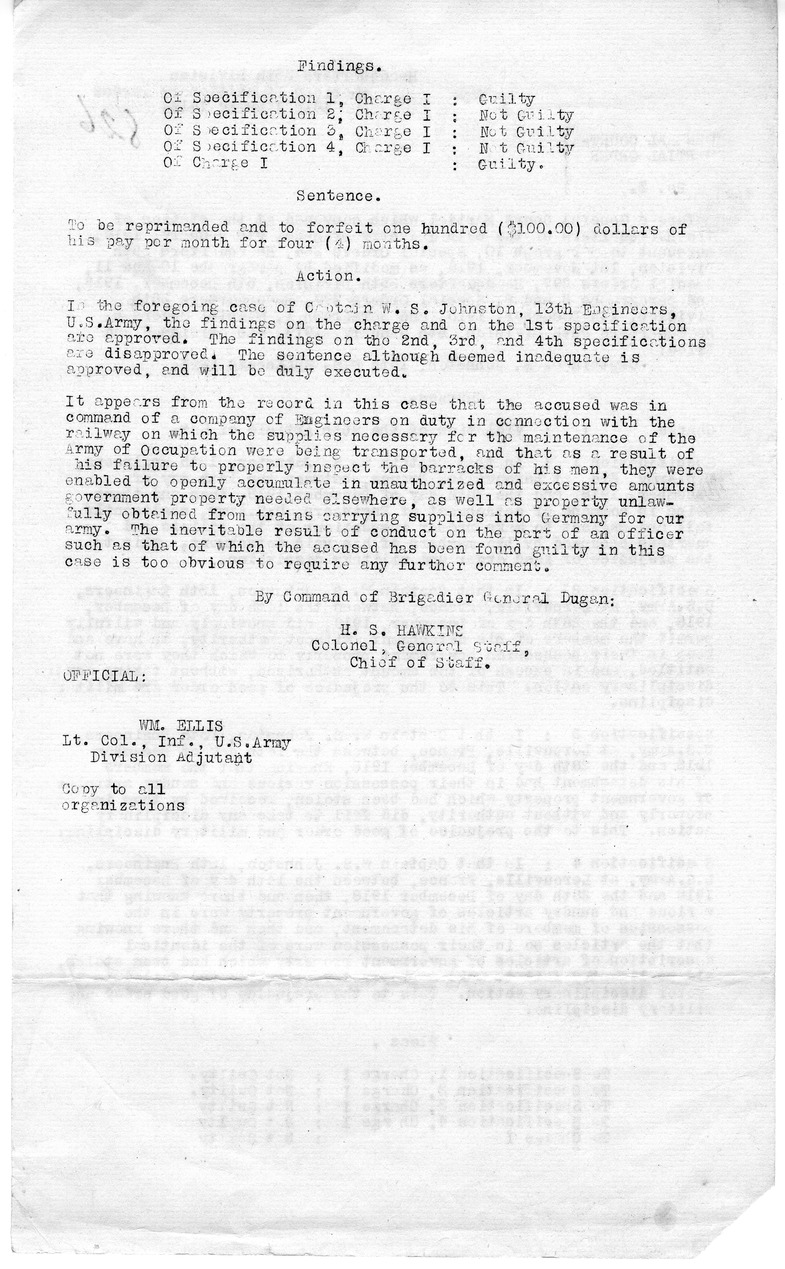 General Court-Martial Order Number 3 from Colonel H. S. Hawkins