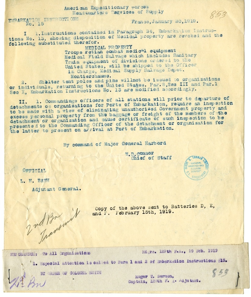 Embarkation Instructions Number 15 from Chief of Staff W. D. Connor with Attached Note from Captain Roger T. Sermon