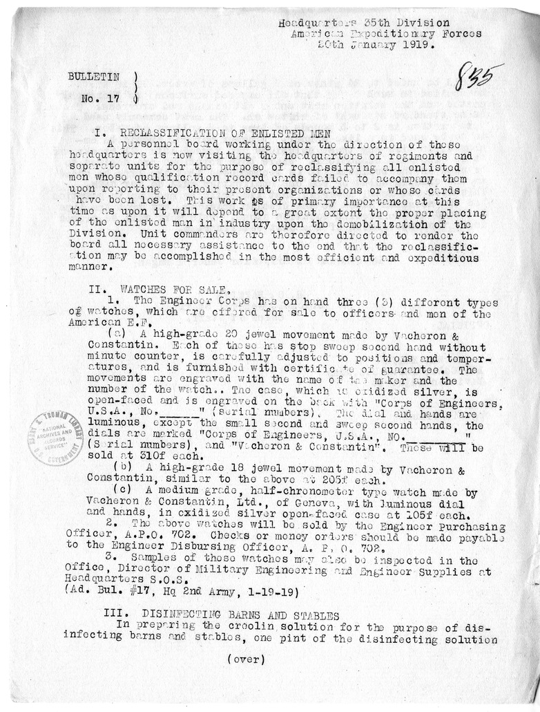 Bulletin Number 17 from Colonel H. S. Hawkins