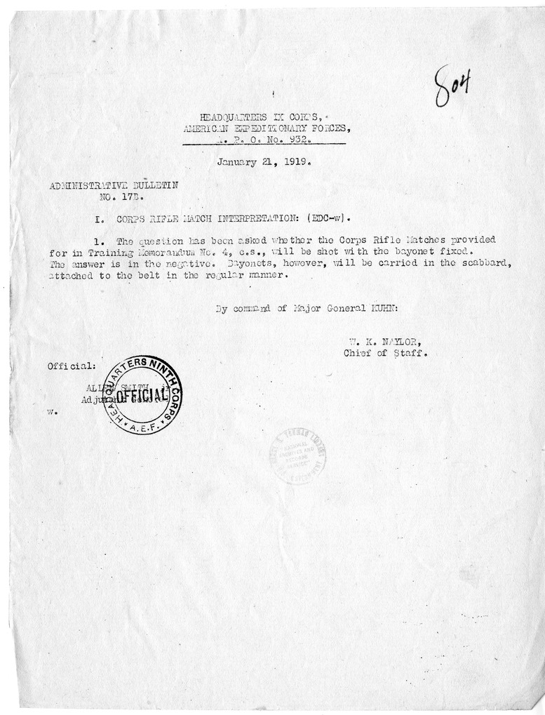 Administrative Bulletin Number 17-B from Chief of Staff W. K. Naylor