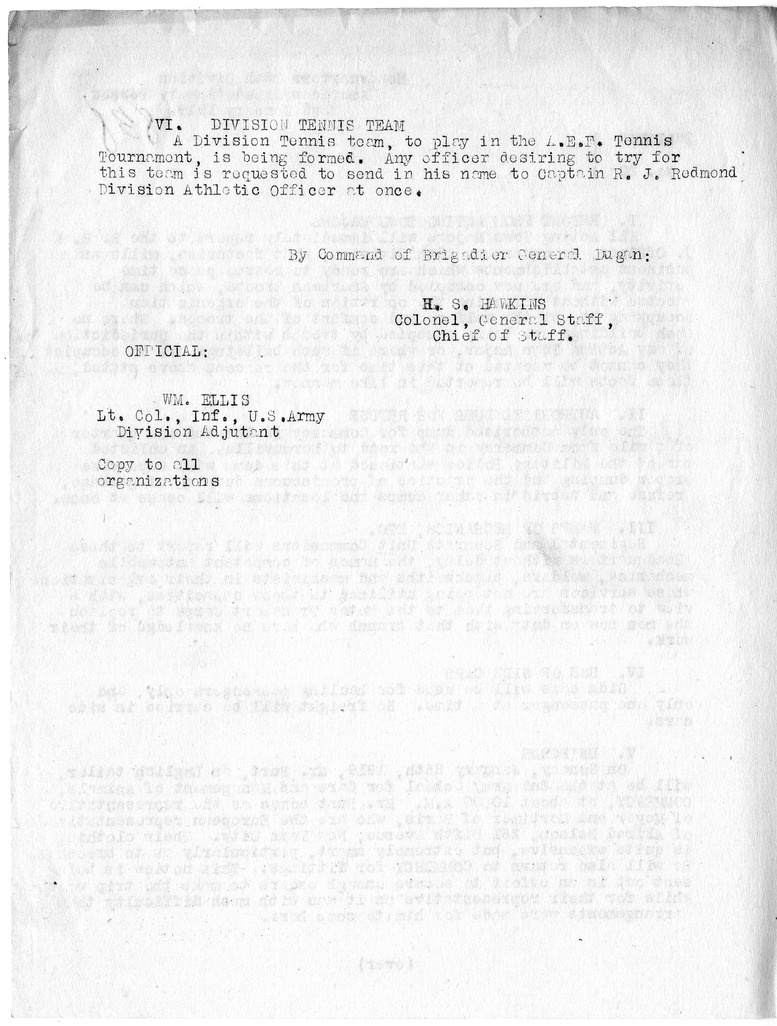 Bulletin Number 20 from Colonel H. S. Hawkins