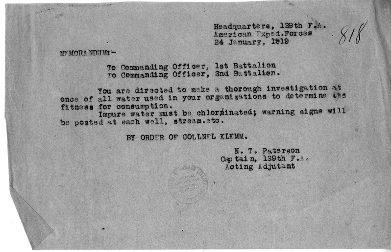 Memorandum to Commanding Officers of the 1st and 2nd Battalions from Captain Newell T. Paterson
