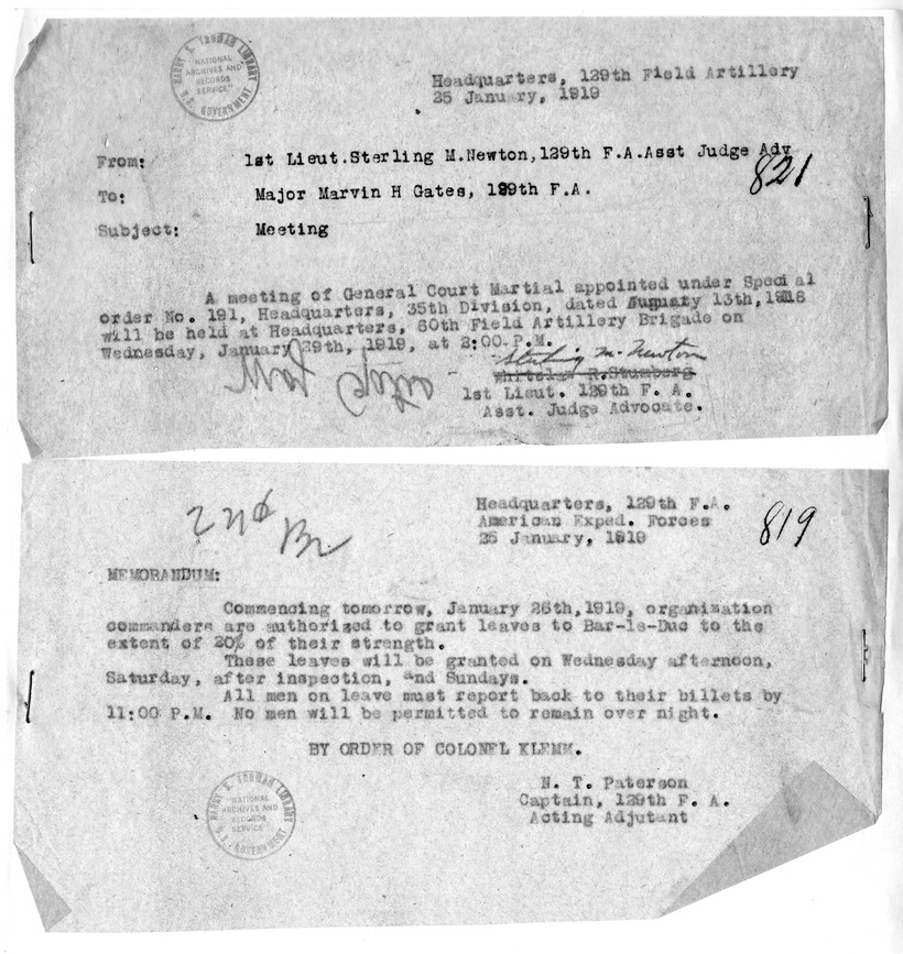 Memoranda from First Lieutenant Sterling M. Newton and Captain Newell T. Paterson