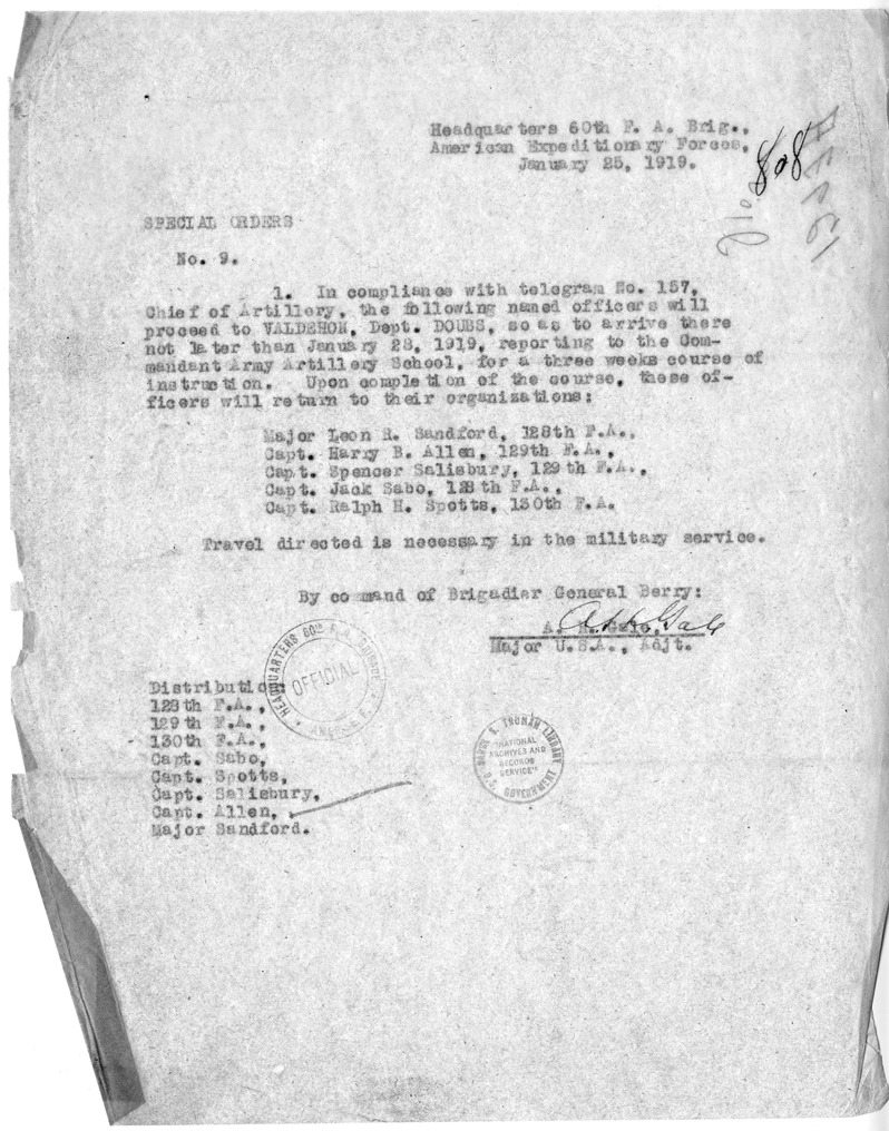 Special Orders Number 9 from Major A. H. Gale