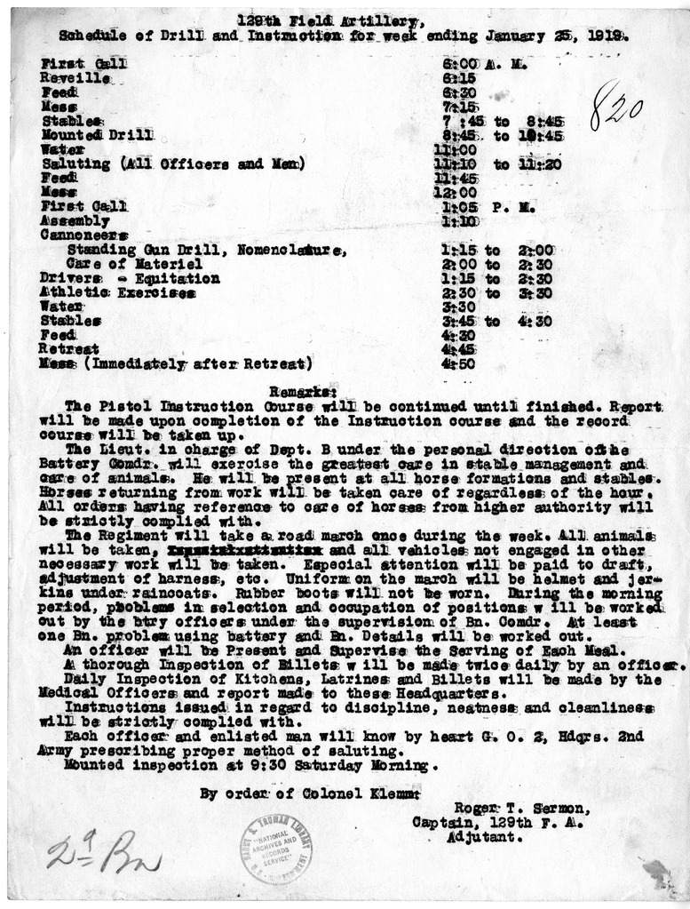 Schedule of Drill and Instruction, 129th Field Artillery, from Captain Roger T. Sermon