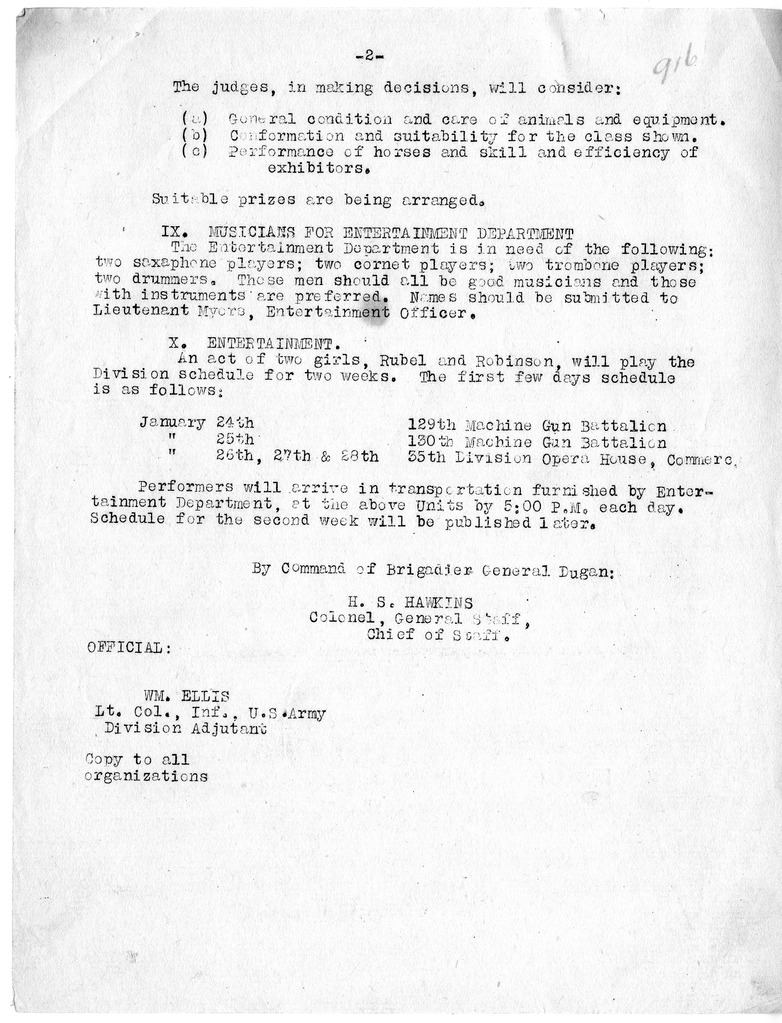 Bulletin Number 21 from Colonel H. S. Hawkins