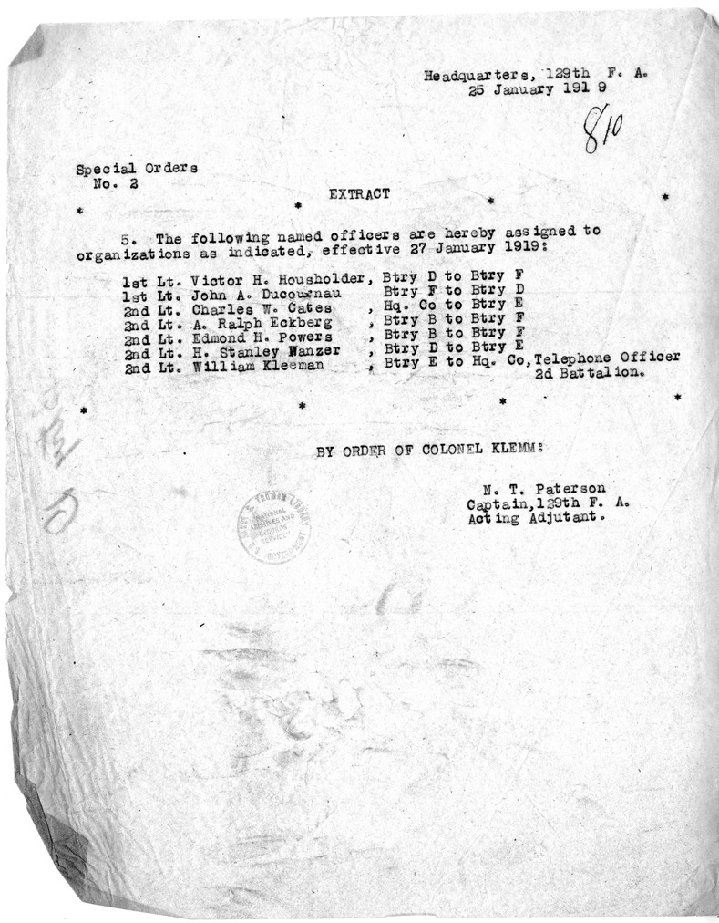 Special Orders Number 2 from Captain Newell T. Paterson