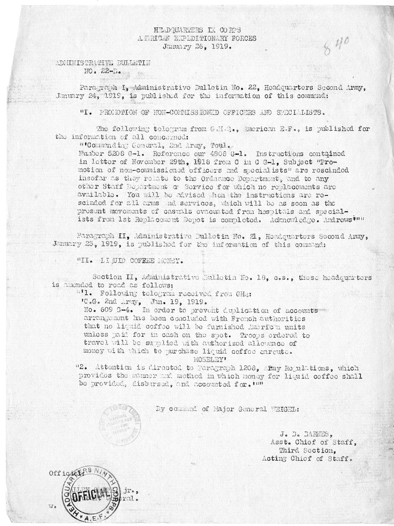 Administrative Bulletin Number 22-D from Assistant Chief of Staff J. B. Barnes