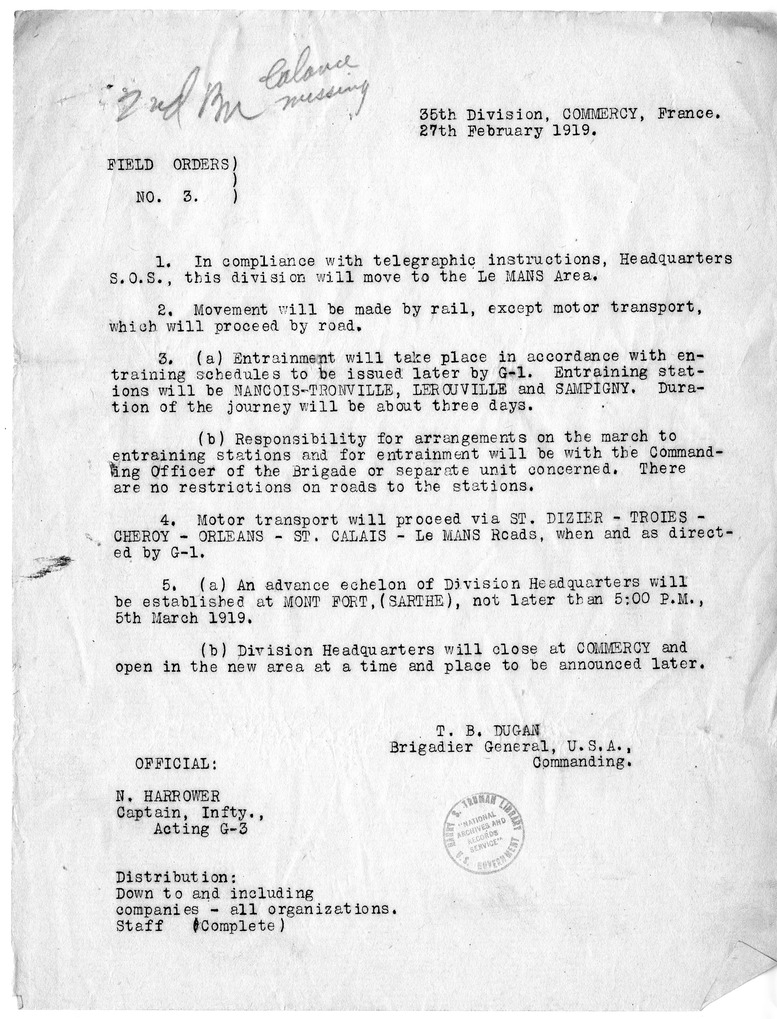 Field Orders Number 3 from Brigadier General T. B. Dugan
