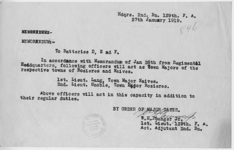 Memorandum to Batteries D, E, and F from First Lieutenant W. H. Younger, Jr.