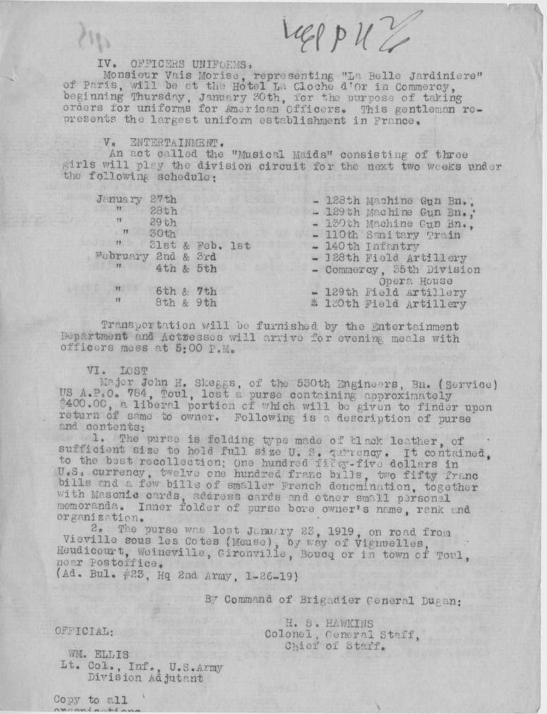Bulletin Number 23 from Colonel H. S. Hawkins