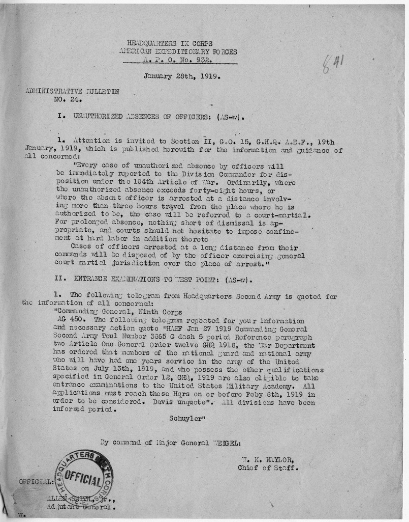 Administrative Bulletin Number 24 from Chief of Staff W. K. Naylor