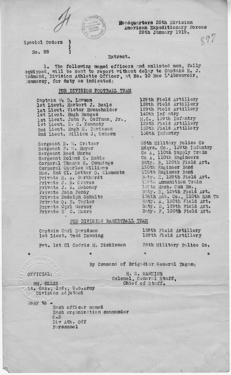 Special Orders Number 28 Extract from Colonel H. S. Hawkins