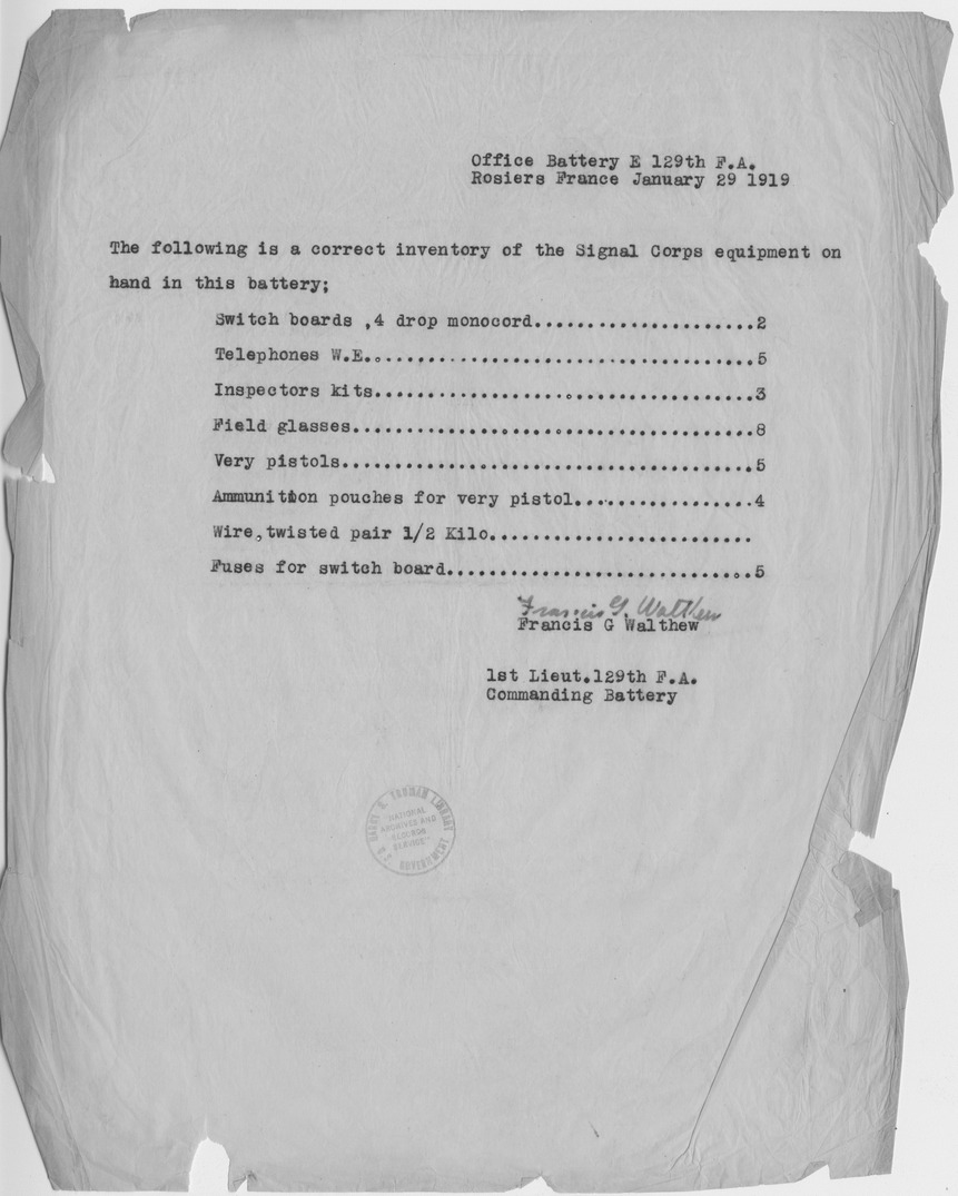 Signal Corps Equipment Inventory Report from the Office Battery E, 129th Field Artillery