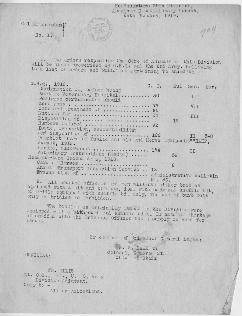 G-1 Memorandum from Colonel H. S. Hawkins