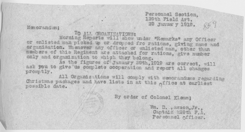 Memorandum from Captain William D. Lawson, Jr. to All Organizations