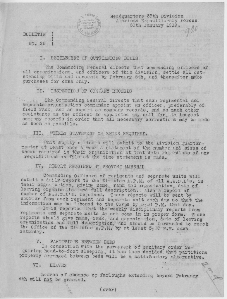 Bulletin Number 25 from Colonel H. S. Hawkins